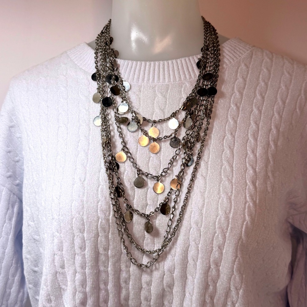 Vintage Silver Tone Multi Strand Tiered Disc Charm Necklace 14 Inch Clasp